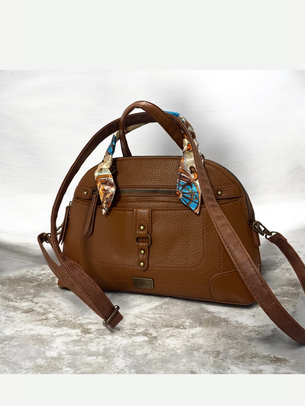 White Mountain Brown Crossbody Satchel with printed scarf - Picture 3 of 8